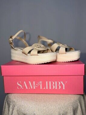 Sam & Libby Women's Cream Platform Espadrille Wedge Ankle Strap Sandals
